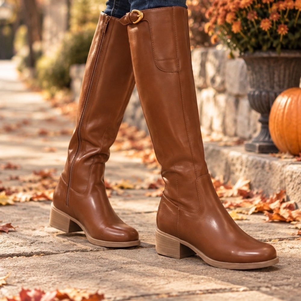 Aerosoles Riding Boots Cognac Brown Faux Leather Equestrian Block Heel 7.5 Wide